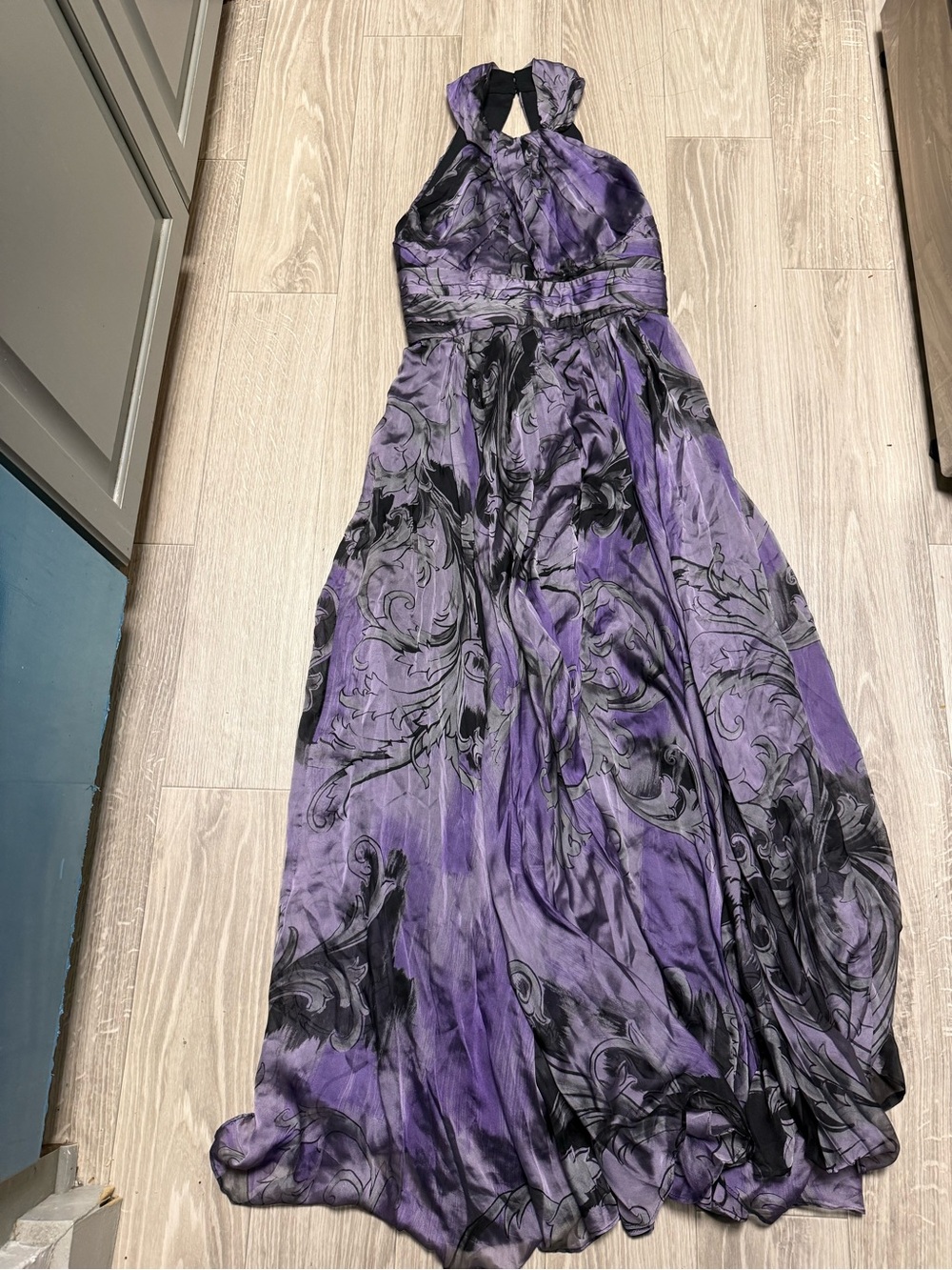 Vtg Gianni Versace Purple and Black Halter Maxi Dress 46